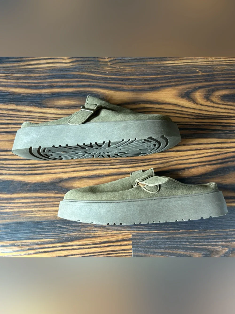 Women’s Suede Slip-On Mule in Olive with Buckle - Picture 2 of 3